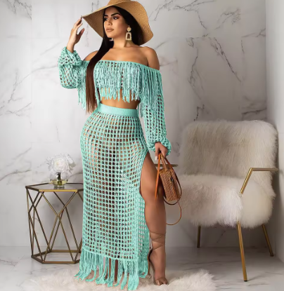 OPA 2PCS Crochet Tassel Maxi Skirt with Crop Top