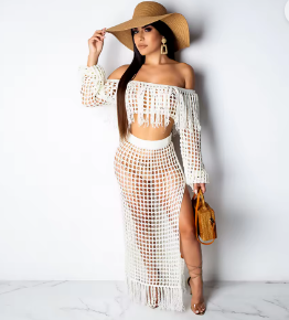 OPA 2PCS Crochet Tassel Maxi Skirt with Crop Top