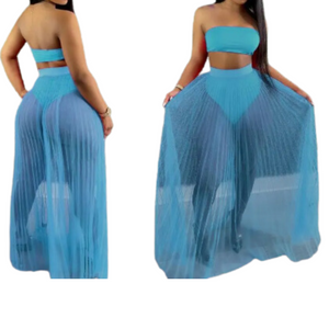 OPA Sexy Mesh See Through Pleated Skirt and Tube Top 2 Piece Skirt Set