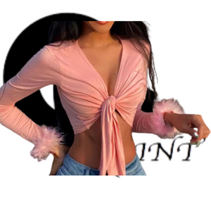 OPA V Neck Long Sleeve Fur Crop Tank Top Blouse