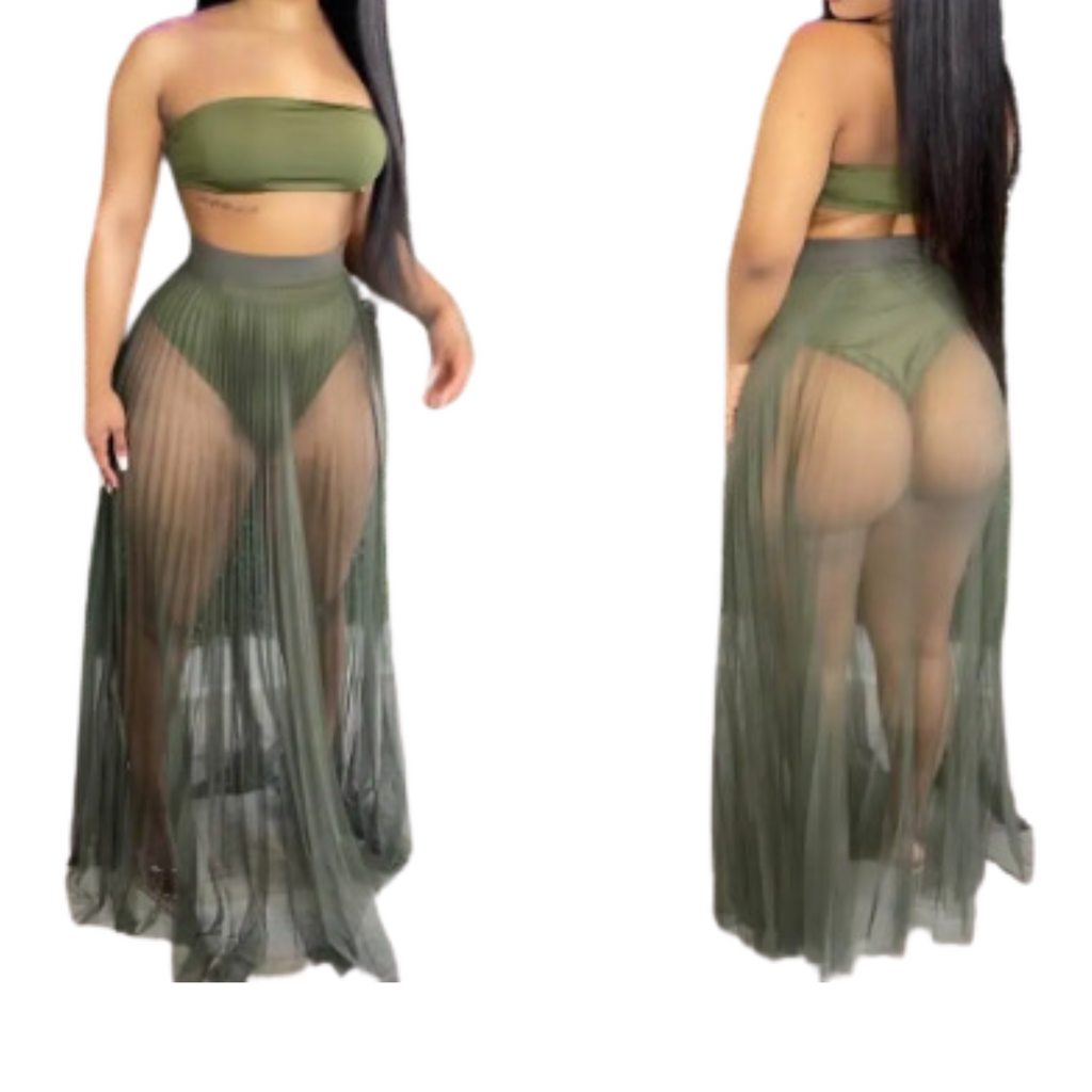 OPA Sexy Mesh See Through Pleated Skirt and Tube Top 2 Piece Skirt Set