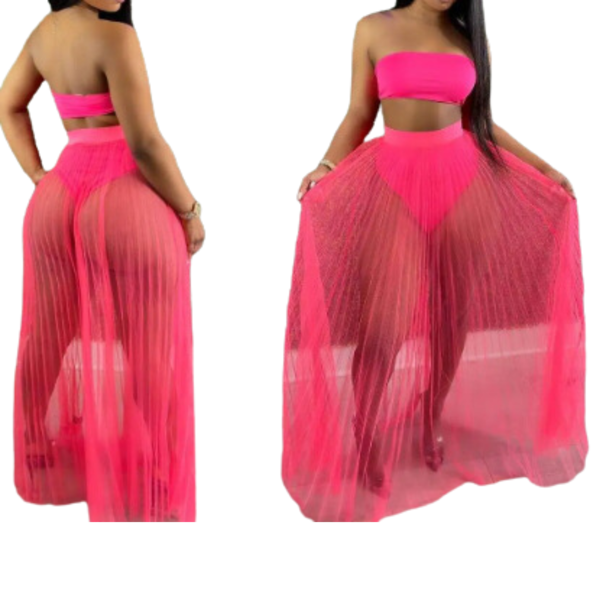 OPA Sexy Mesh See Through Pleated Skirt and Tube Top 2 Piece Skirt Set
