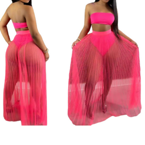 OPA Sexy Mesh See Through Pleated Skirt and Tube Top 2 Piece Skirt Set