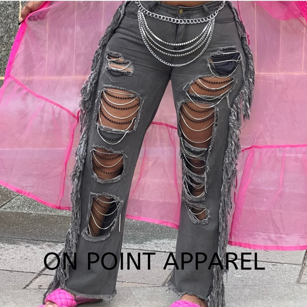 On Point Tassel Fringe Ripped Rhinestone Black Pearl Beads Jeans