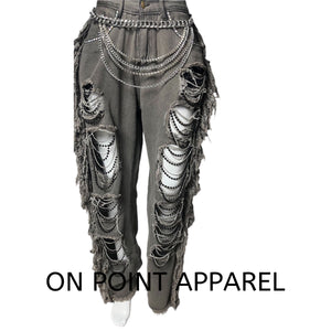 On Point Tassel Fringe Ripped Rhinestone Black Pearl Beads Jeans