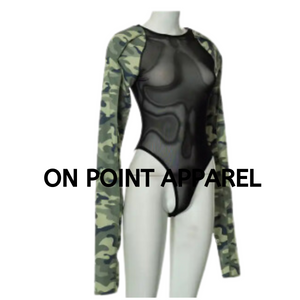 On Point Camouflage Long Sleeve Mesh Bodysuit one-piece