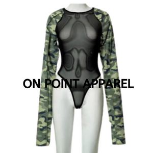 On Point Camouflage Long Sleeve Mesh Bodysuit one-piece